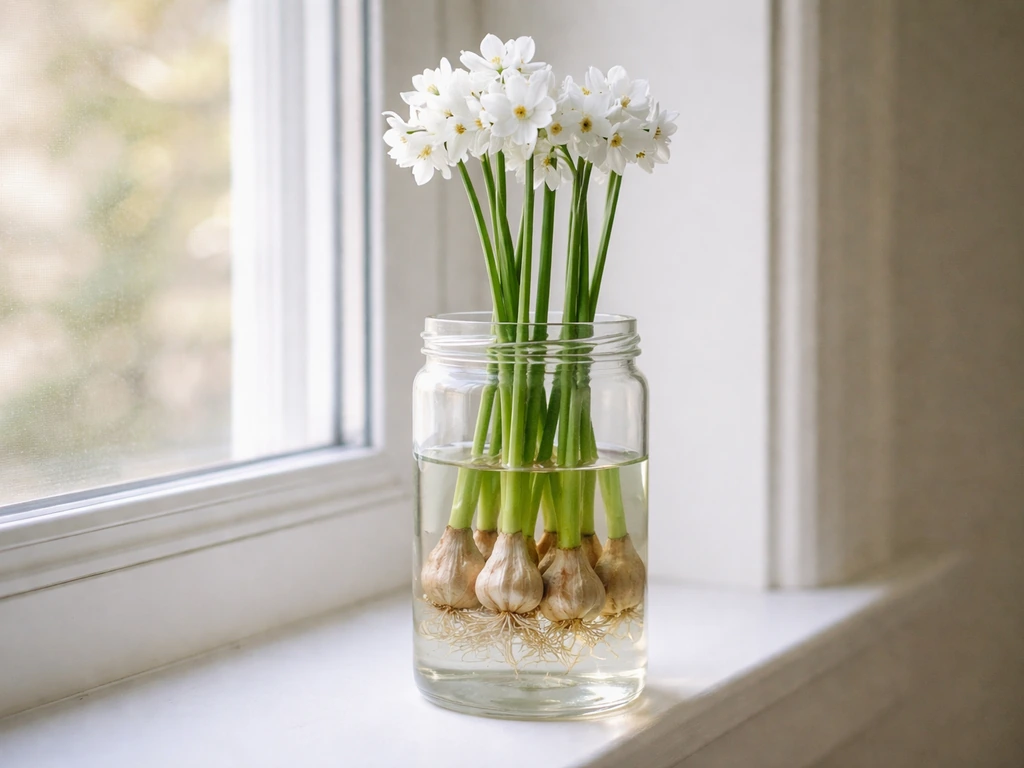 Tall clear jar with white paperwhite blooms and straight stems by a softly lit window