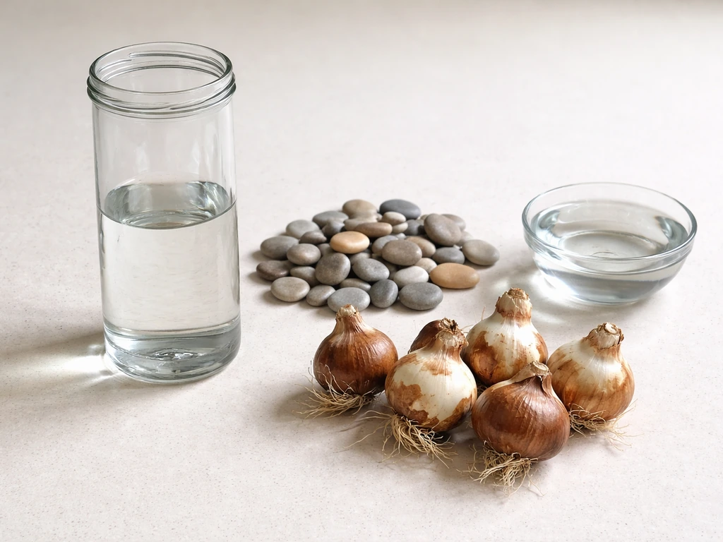 Flat-lay of a clear tall jar, pebbles, paperwhite bulbs, and a small amount of water for planting.