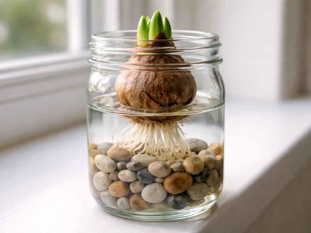 Close-up of a bulb base just touching water in a clear jar, pebbles visible above and below the waterline
