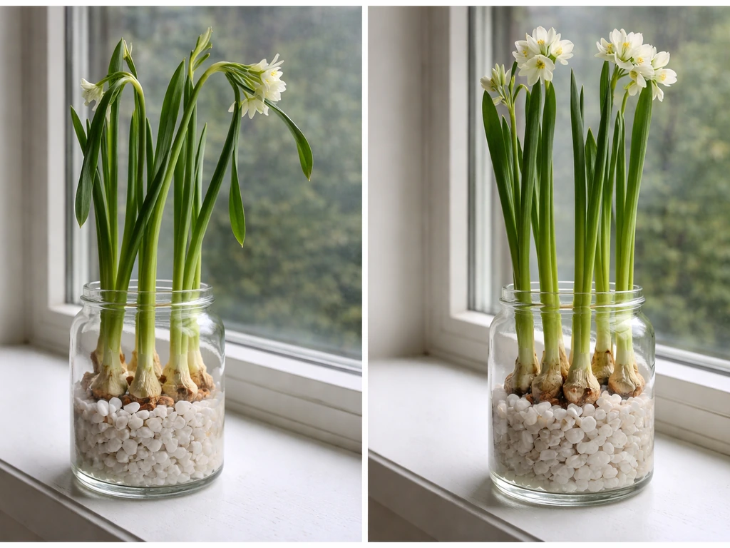 Two glass jars of paperwhite bulbs on a windowsill, one floppy and one upright after adjustment.