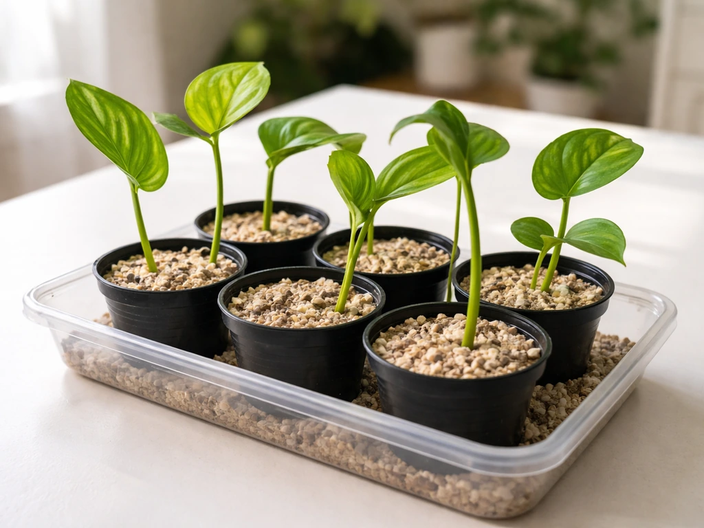 Tray of cuttings in small pots with loose aerated rooting medium under natural light.