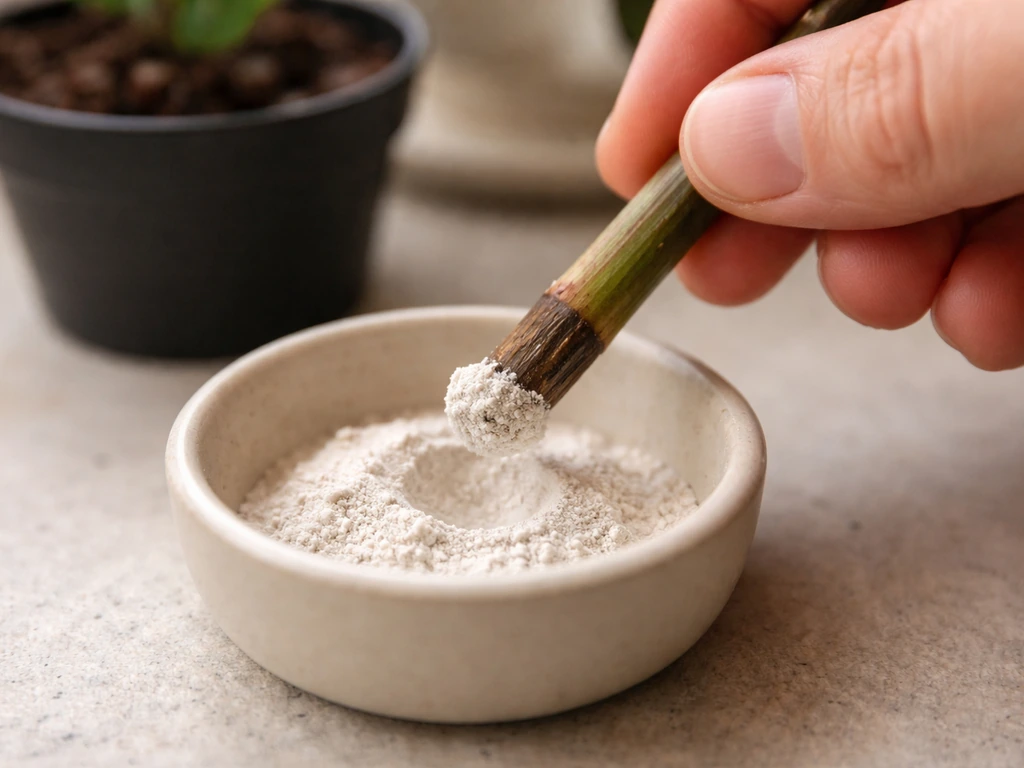 Hand dipping a plant cutting’s cut end into rooting hormone powder in a small potting setup