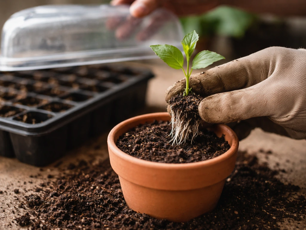 A rooted plant cutting is moved into a small pot of potting mix while a clear dome is lifted for hardening off.