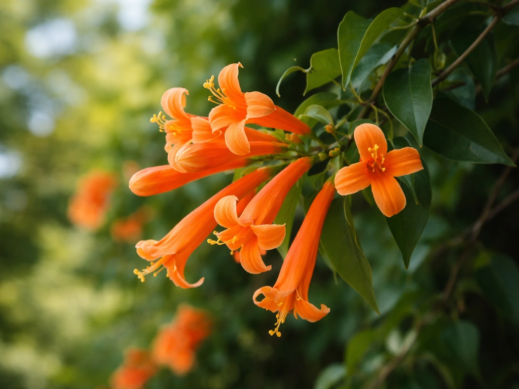 Close-up of fireblossom orange trumpet flowers and evergreen vine tendrils in soft natural light