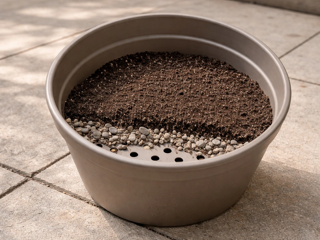 Close-up of a planter showing drainage holes and coarse mix in the bottom with fresh potting mix above.