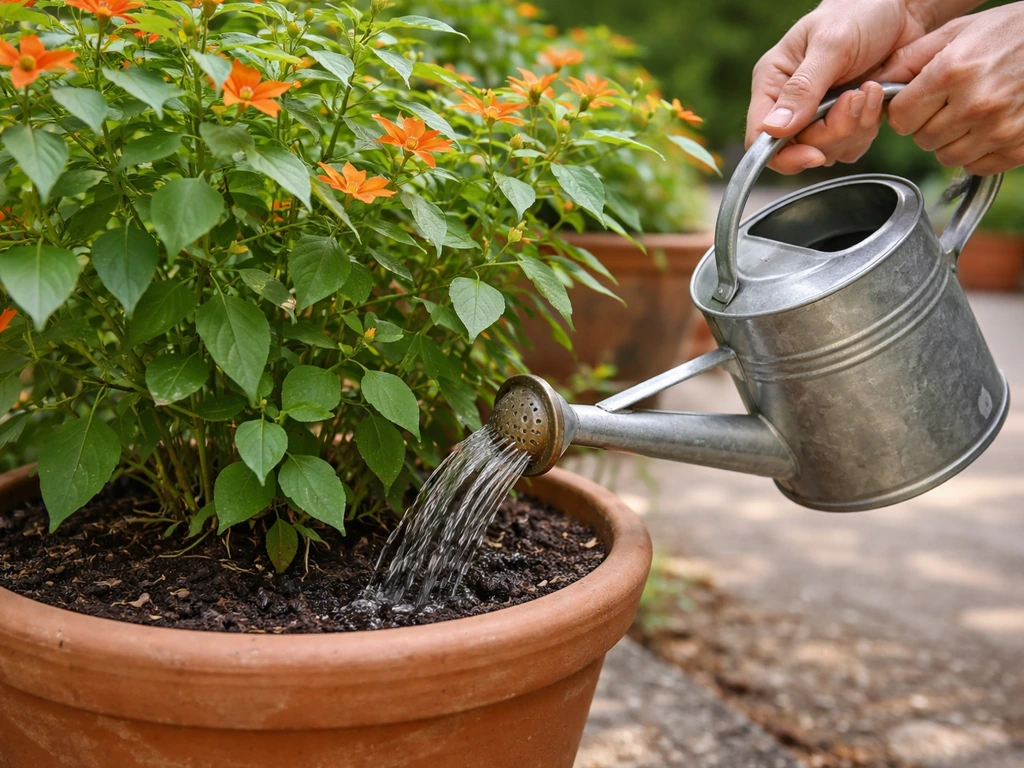 Hand watering a potted fireblossom at the root zone with a watering can, soil visibly moist