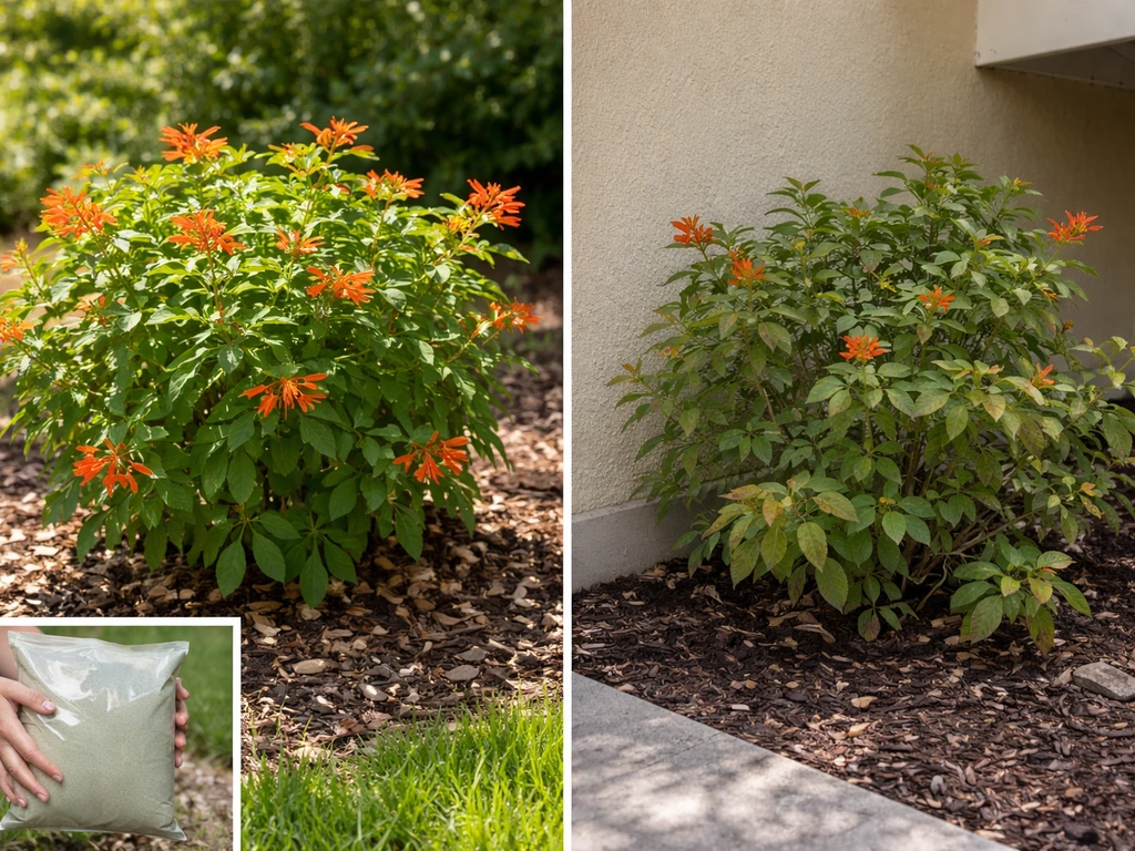 Side-by-side fireblossom: sunny plant with blooms vs shaded plant with fewer blooms and fertilizer in view.