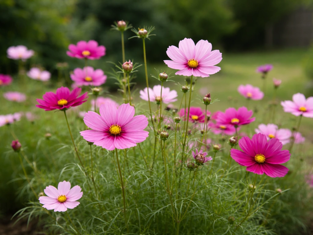 Bright pink and magenta cosmos flowers in a garden bed with buds and blooms.