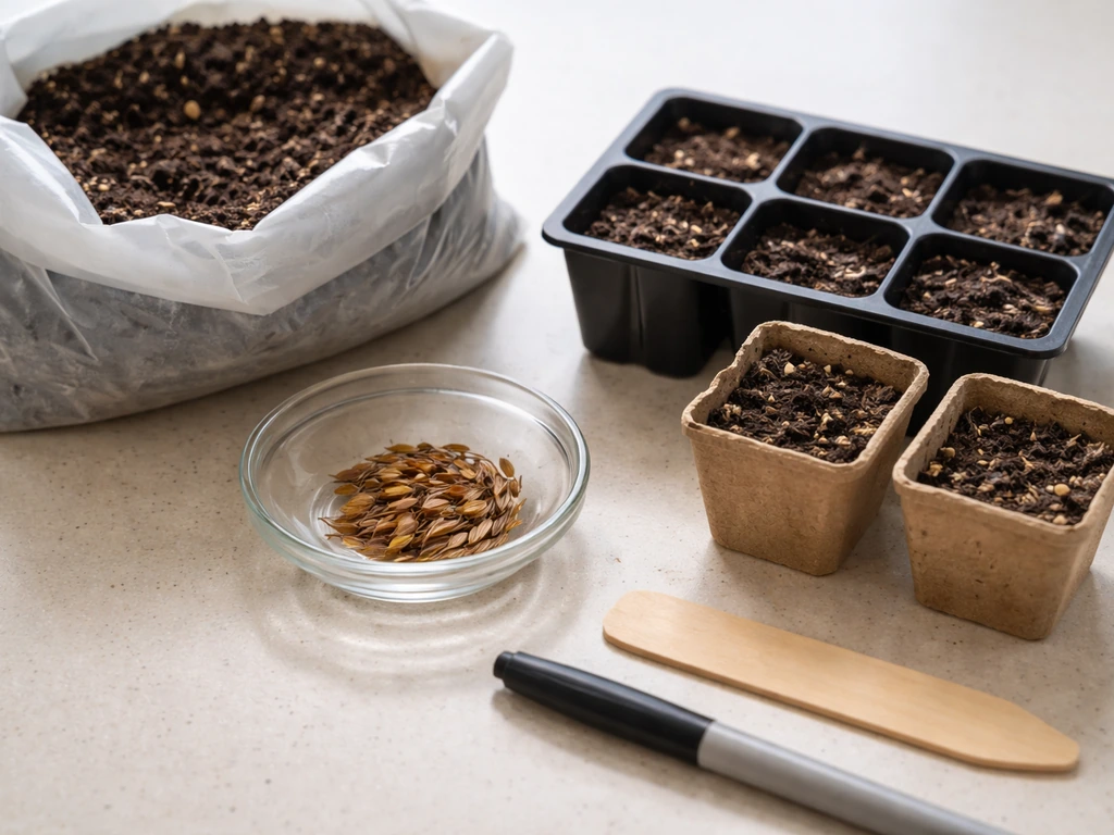 Cosmos seeds, sterile seed-starting mix, cell trays, and blank plant label with marker on a counter.
