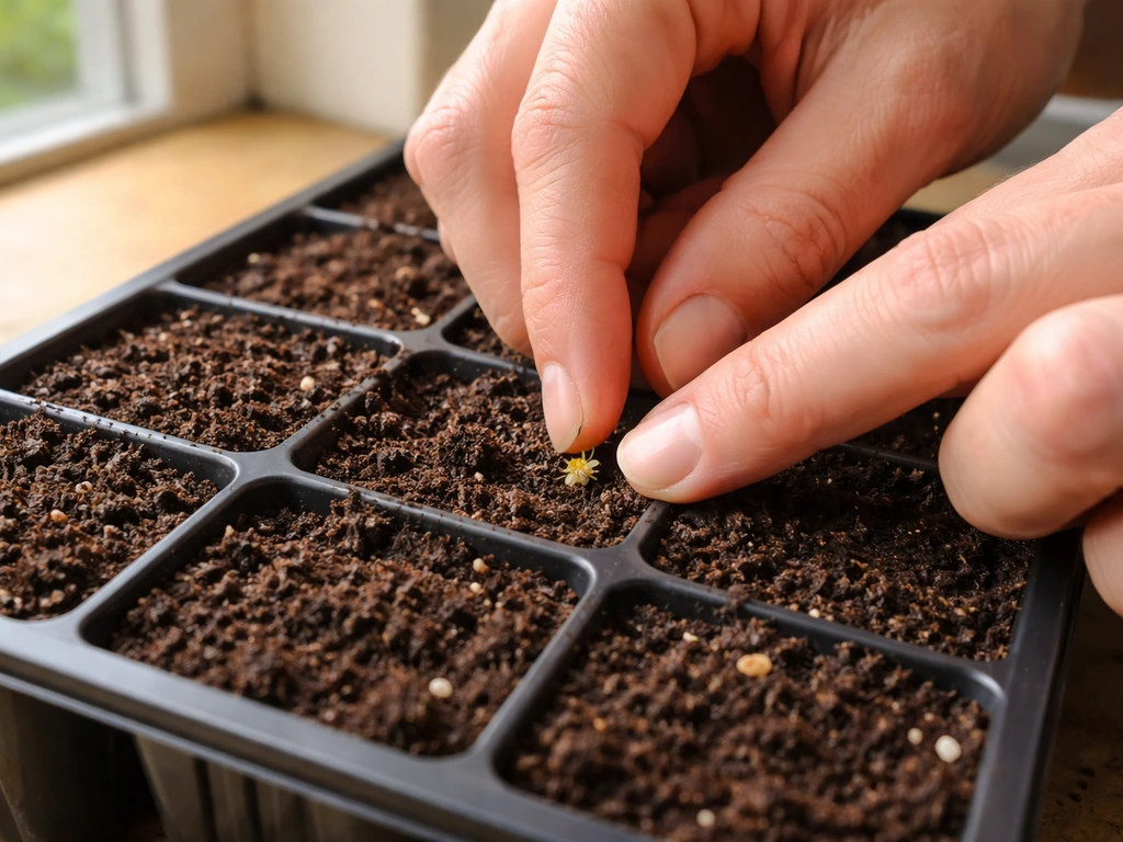 Hands pressing cosmos seeds into moist seed-starting mix in individual cell packs indoors.
