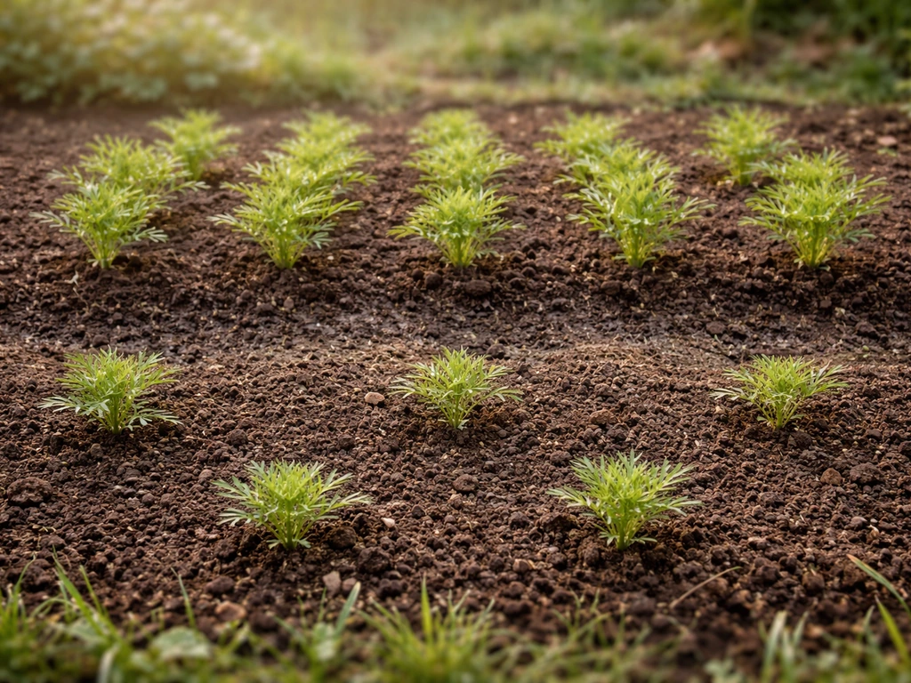Cosmos seedlings in a garden bed after thinning, with clear gaps for proper 12–18 inch spacing.