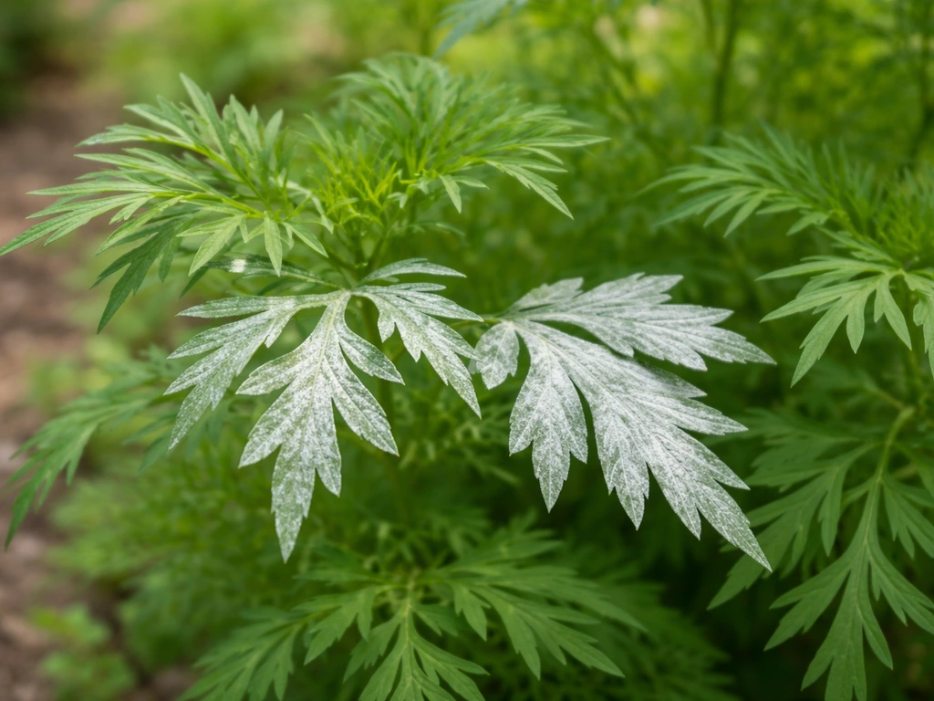 Close-up of cosmos leaves where some show a realistic powdery mildew white coating beside healthy green foliage.