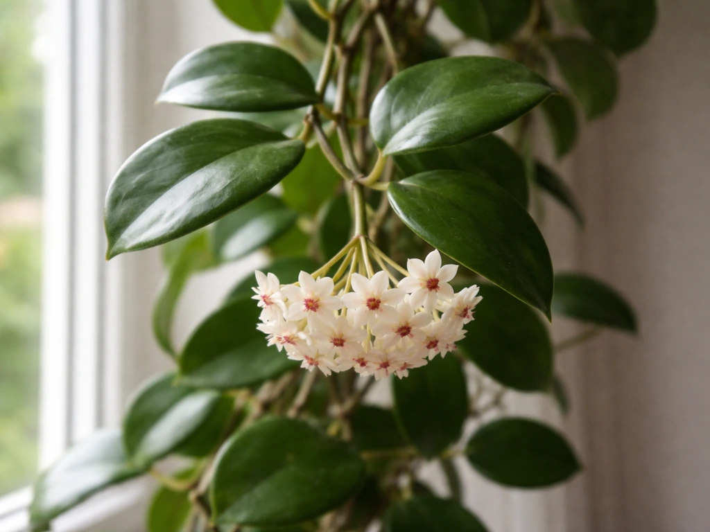 Close-up of Hoya carnosa waxy leaves and small star-shaped flower umbels in natural window light.