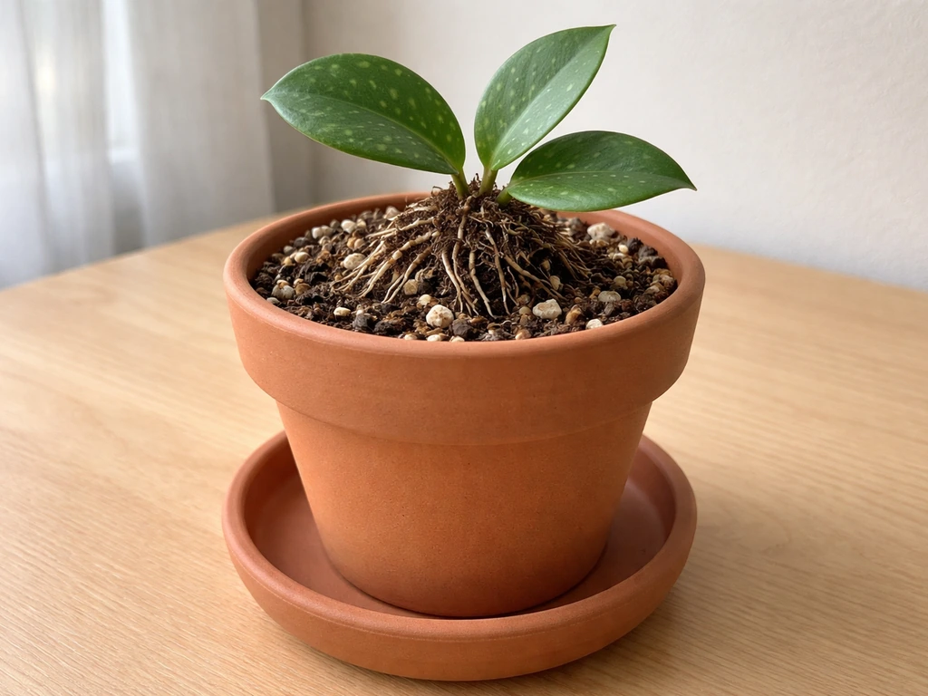 Small terracotta pot with drainage holes and airy potting mix with perlite, holding a hoya cutting.