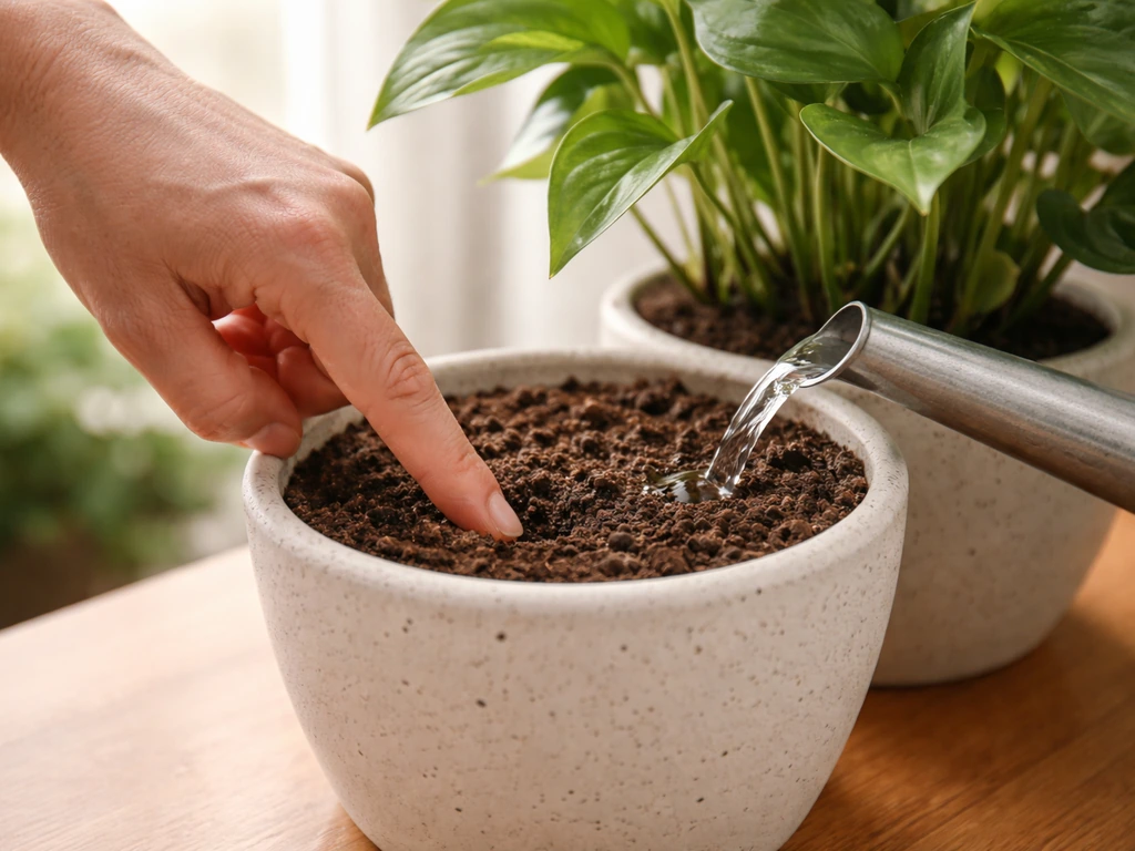 Hand checking soil moisture with a finger, then a watering can gently watering a potted plant
