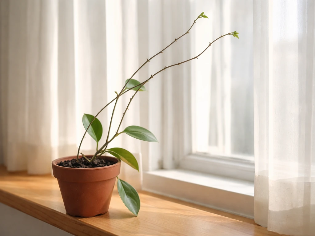 Leggy Hoya stems reaching toward a bright window from a simple pot on a windowsill