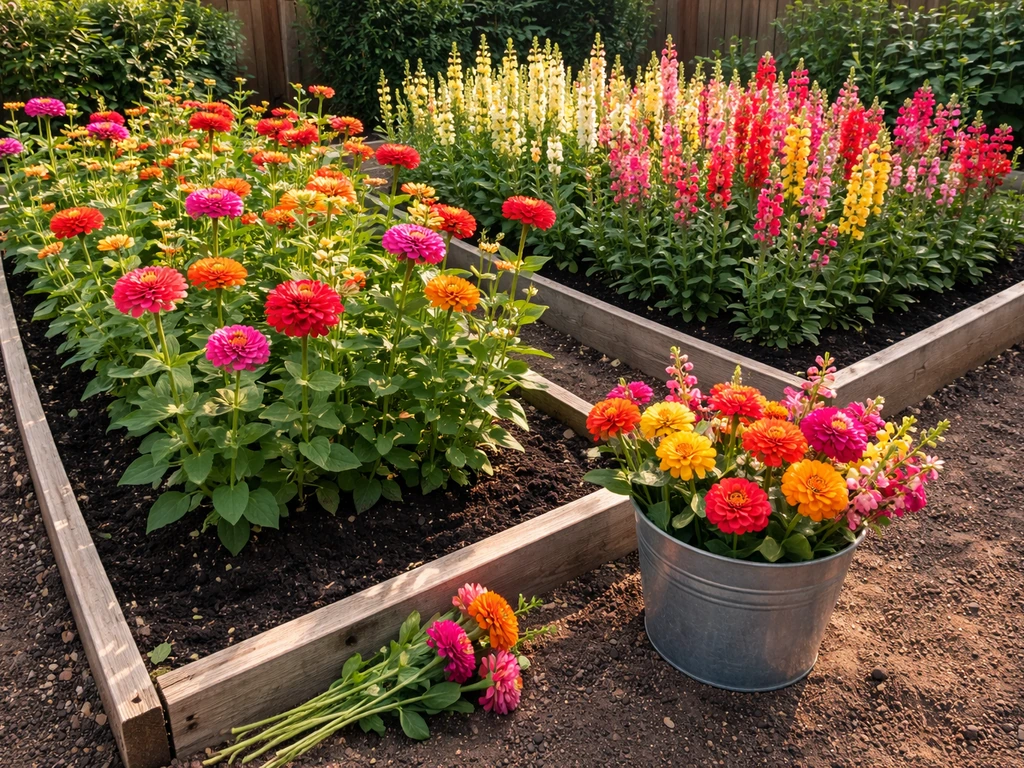 Freshly cut vibrant flowers in the foreground with tall blooms growing in a raised bed garden