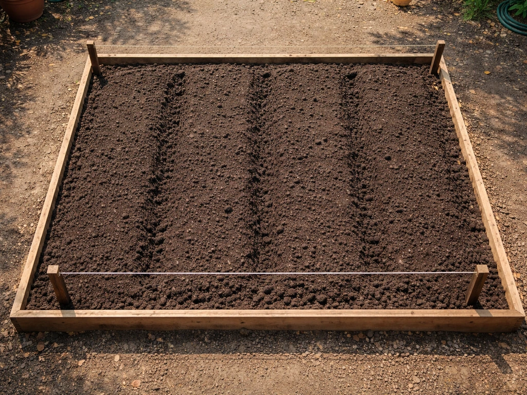 Top-down view of a simple raised flower bed with spacing zones and dark soil mix ready for planting