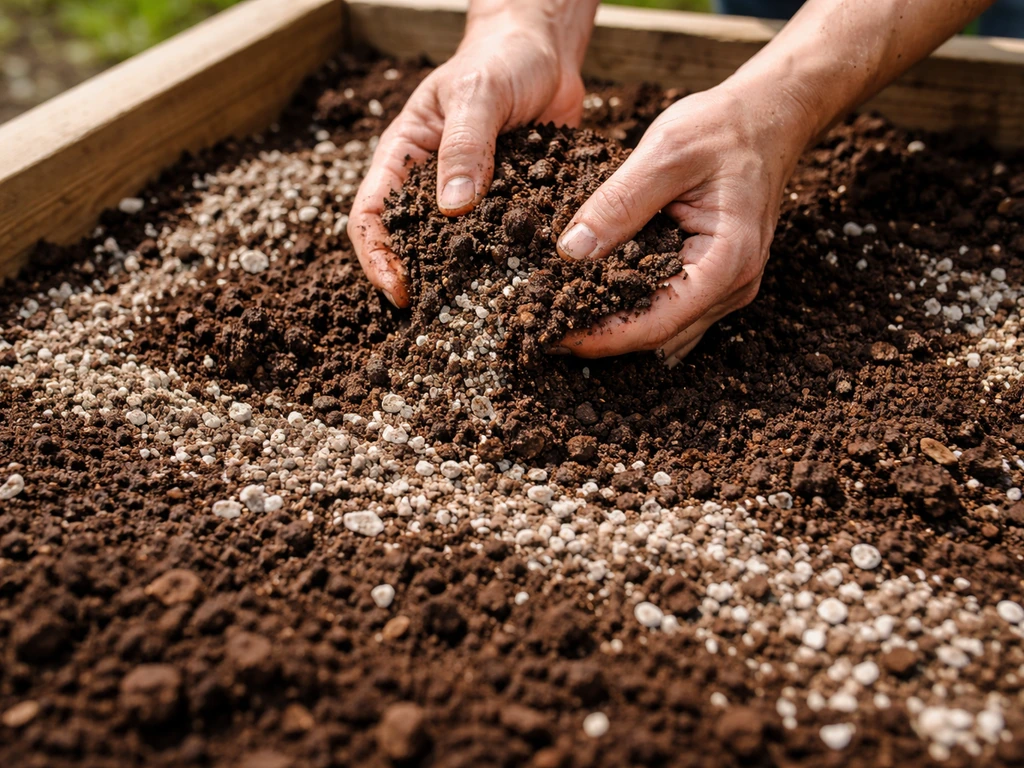 Close-up of hands adding compost and soil layers into a raised garden bed for better drainage.