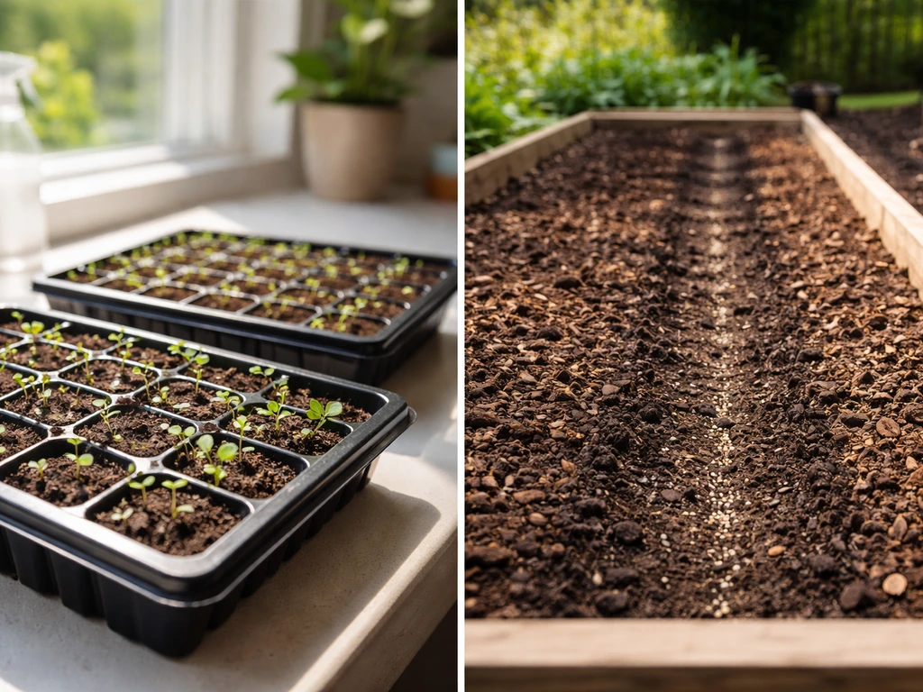 Seed trays indoors beside a raised bed row where seeds are directly sown.