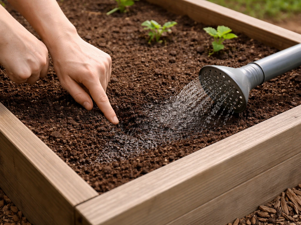 Hand tucks soil tester into raised garden bed, then watering hose creates a visible wet soil band.