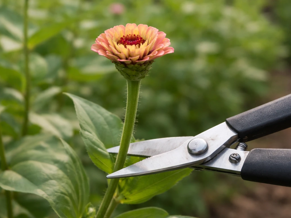 Close-up of sharp pruners cutting a zinnia stem diagonally with a partially open bloom on the plant