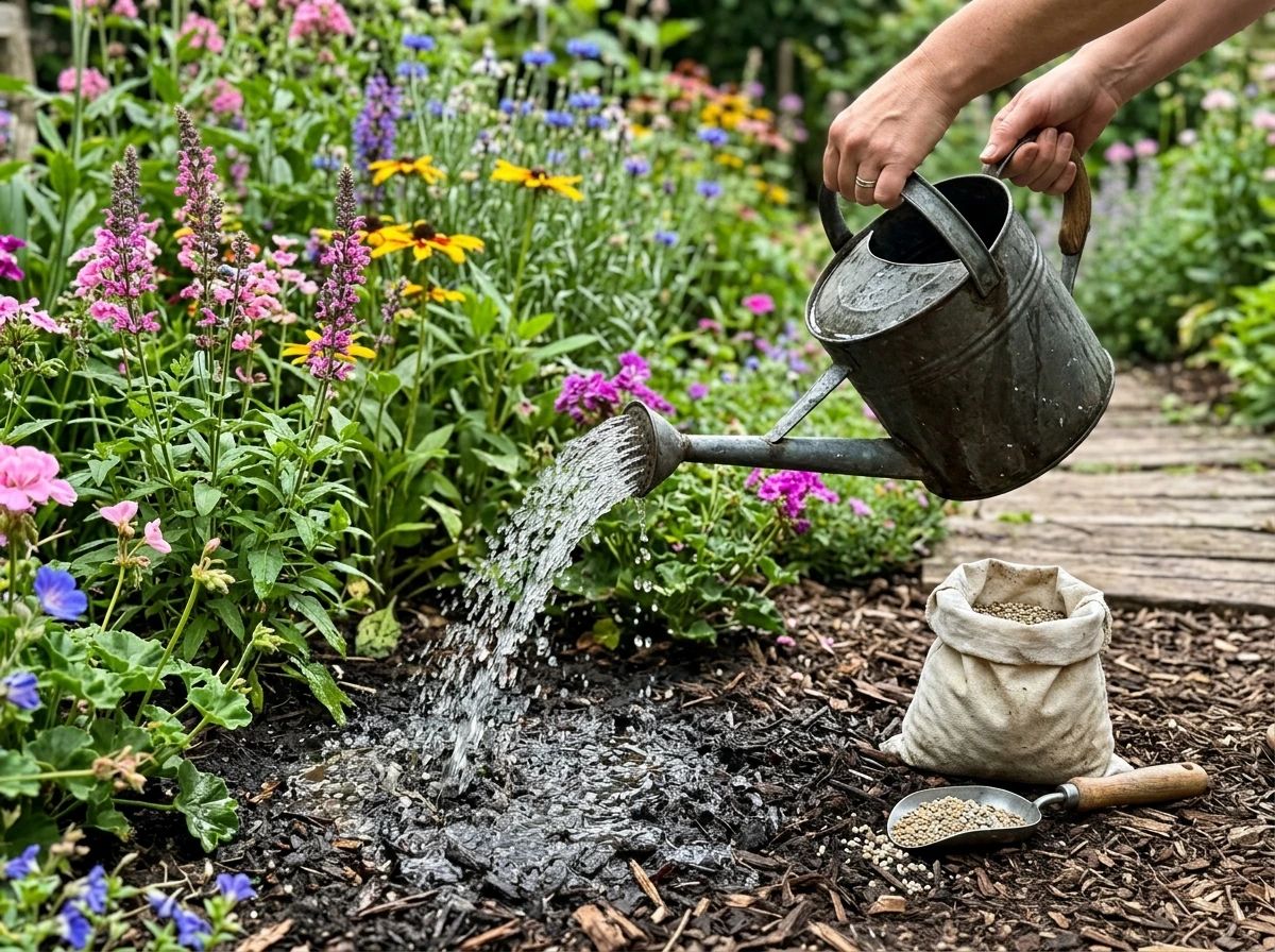 Watering established flower plants with fertilizer tools nearby.