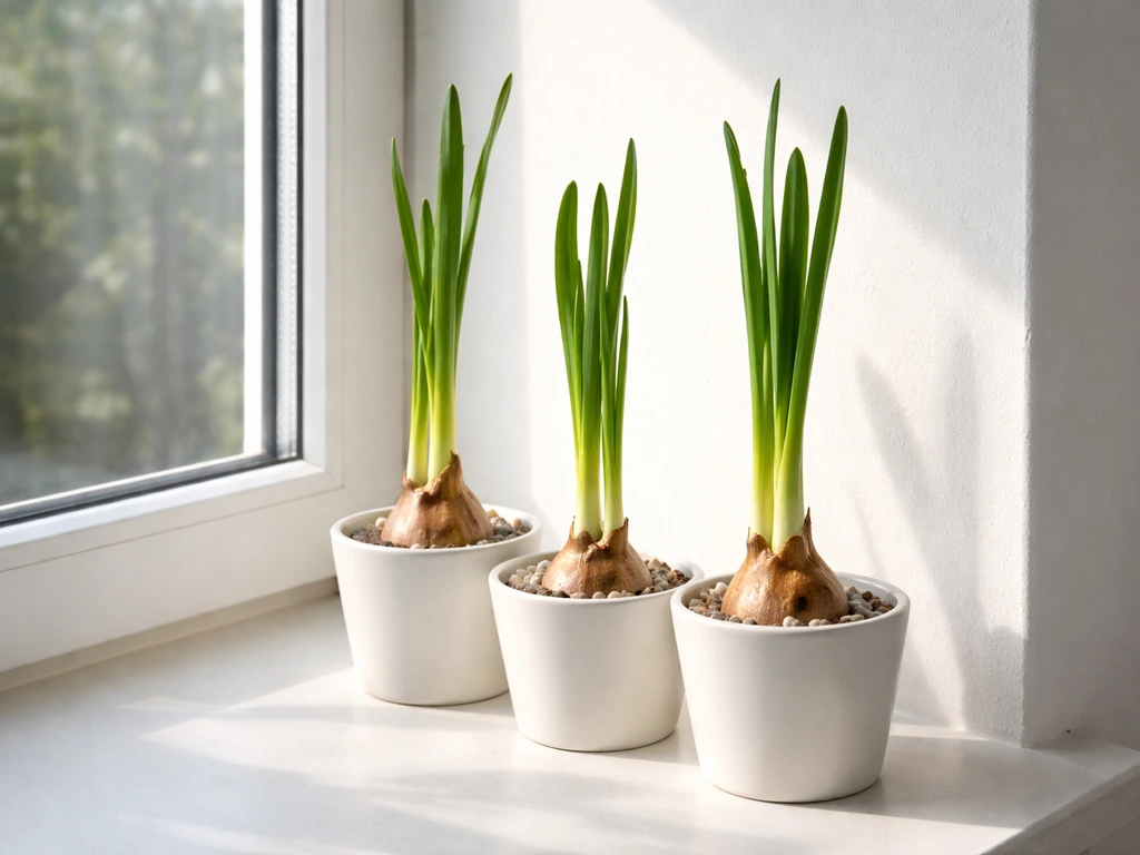 Paperwhite bulbs in small pots on a bright south-facing windowsill, tall shoots reaching toward the light.