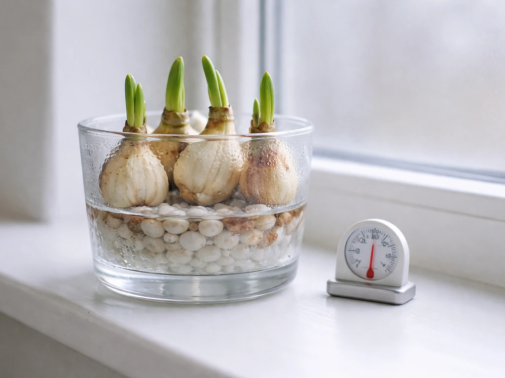 Paperwhite bulbs in a clear growing container beside a small thermometer in a cool indoor spot.