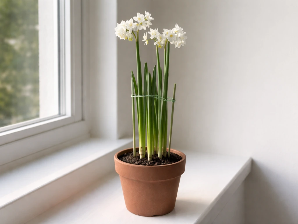 Paperwhite stems in bloom gently propped upright with small stakes in a simple indoor pot.