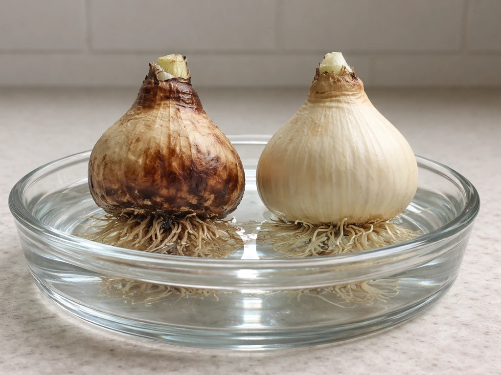 Two paperwhite bulbs side by side: one soft and discolored in a shallow container, one firm and healthy.