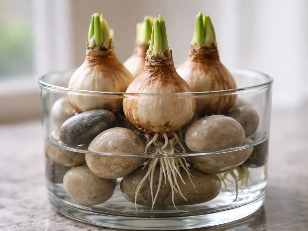Paperwhite bulbs supported by smooth rocks, with water below for roots to grow into.