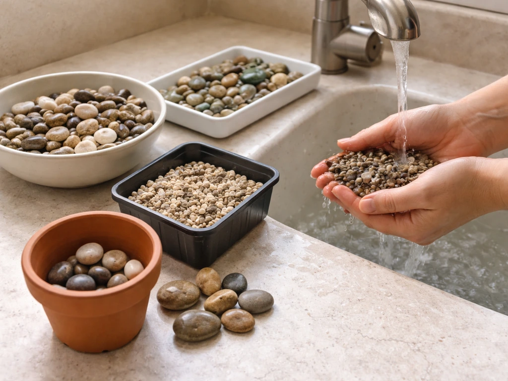 River pebbles, tumbled stones, and aquarium gravel prepared in bowls with a terracotta pot ready for planting.