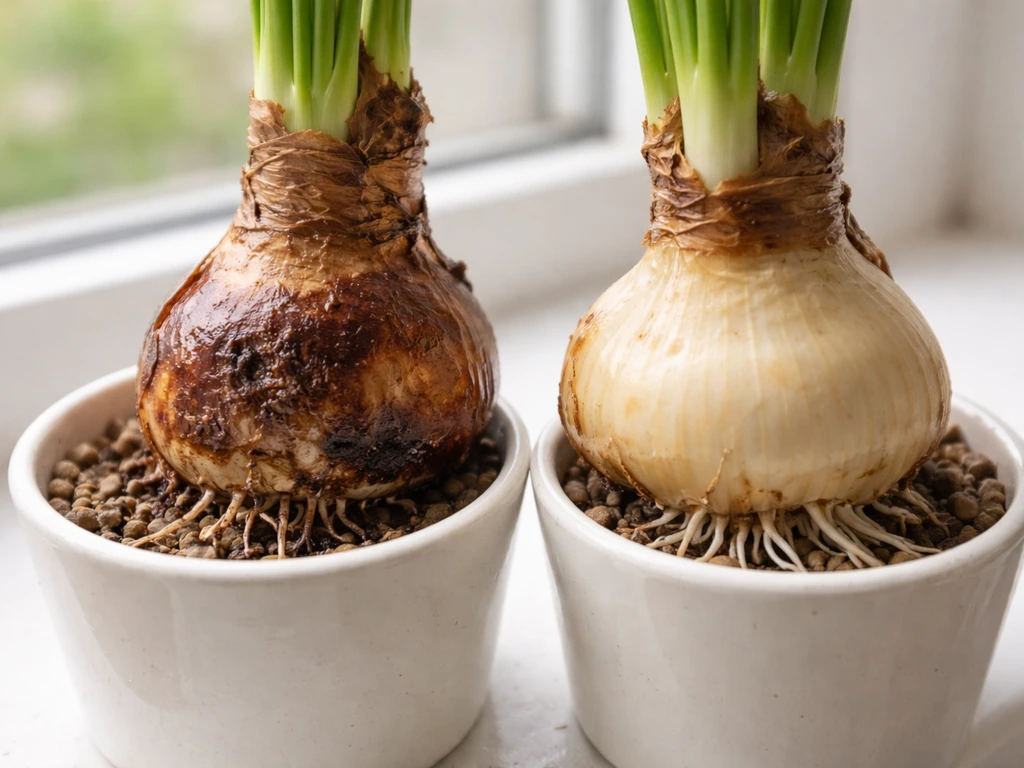 Close-up of two paperwhite bulbs—one with mushy brown rot and fungal spotting, one healthy on a windowsill.