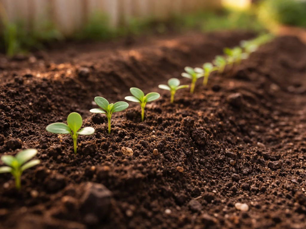 Sunlit garden bed with fresh annual seedlings emerging from soil, showing seed-to-bloom beginnings.