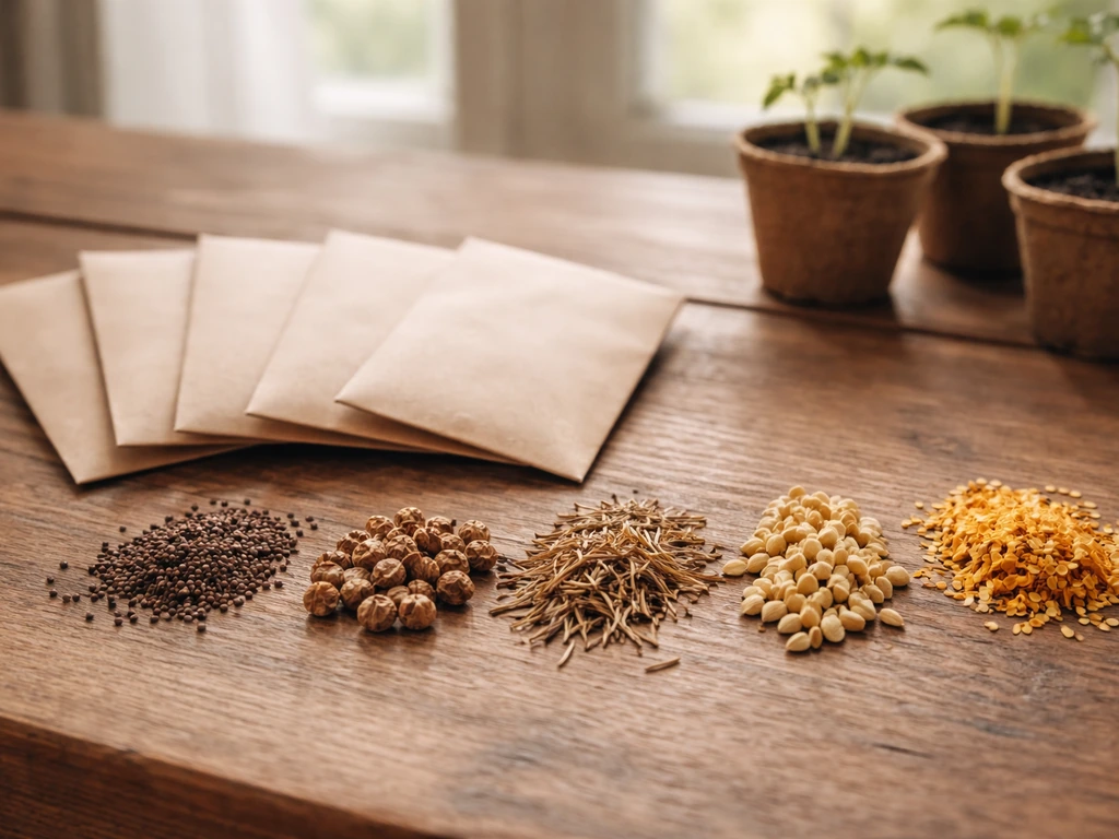 Colorful flower seed packets and small piles of seeds laid on a table for easy beginner annuals