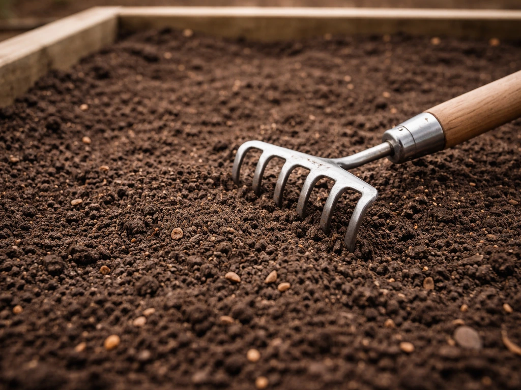 Close-up of garden bed soil mixed with compost, smoothed by a hand rake before planting.