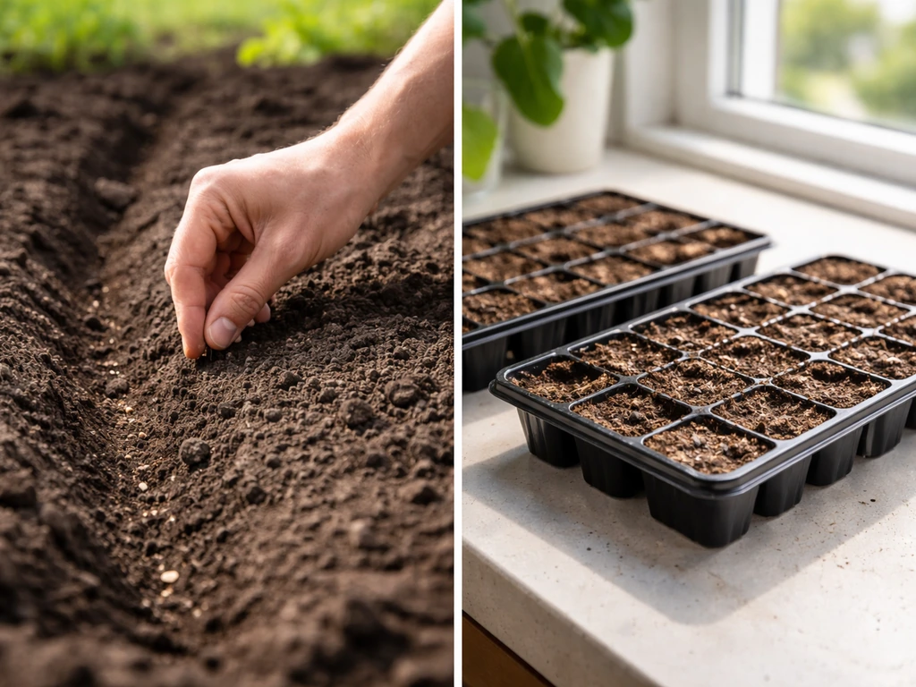Two garden scenes: direct-sown seed row in soil and seed-starting trays indoors.