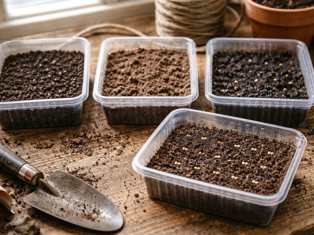 Close-up of three seed-starting containers showing deep sowing, dry soil, and cold soil with one corrected setup.