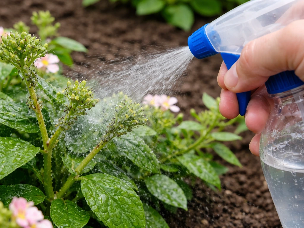 Bedding plants with aphids on new growth while a person sprays water to knock pests off