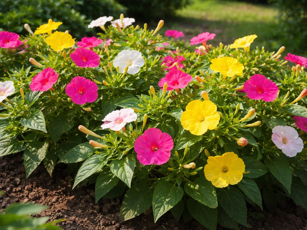 Four o’clock flowers thriving in full sun, lush green foliage and many heavy blooms in a garden patch.