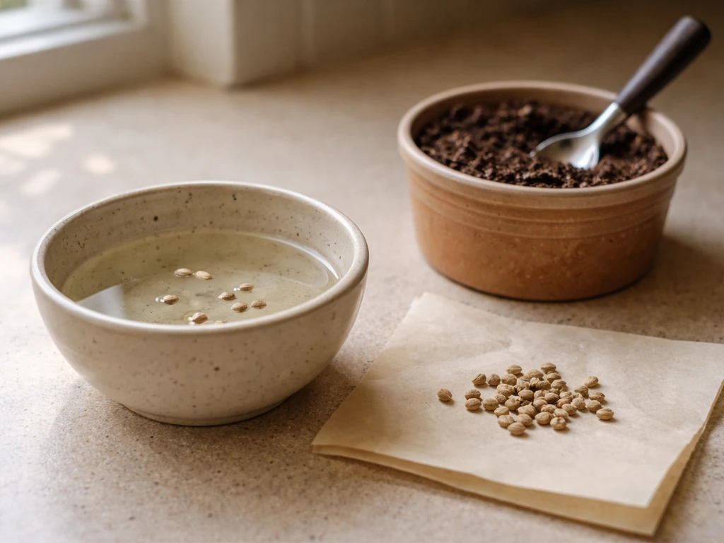 Close-up of warm water soaking scarified seeds next to seed-starting mix on a counter.