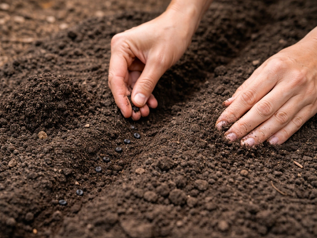Hands sowing small four o’clock seeds into loosened garden soil with compost, light covering layer.