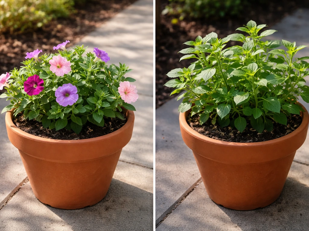 Side-by-side potted plants: one blooming, one leafy and leggy with no flowers in partial sun.