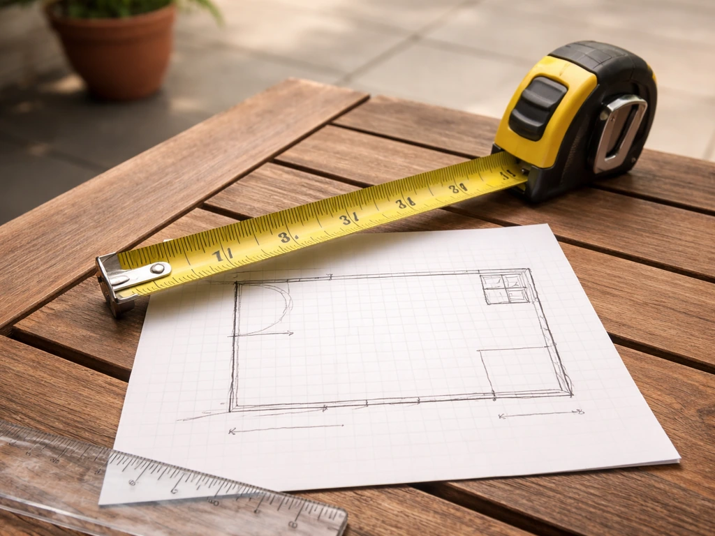 Close-up tape measure over patio measurement notes with marked doorway and AC clearance on a simple plan.