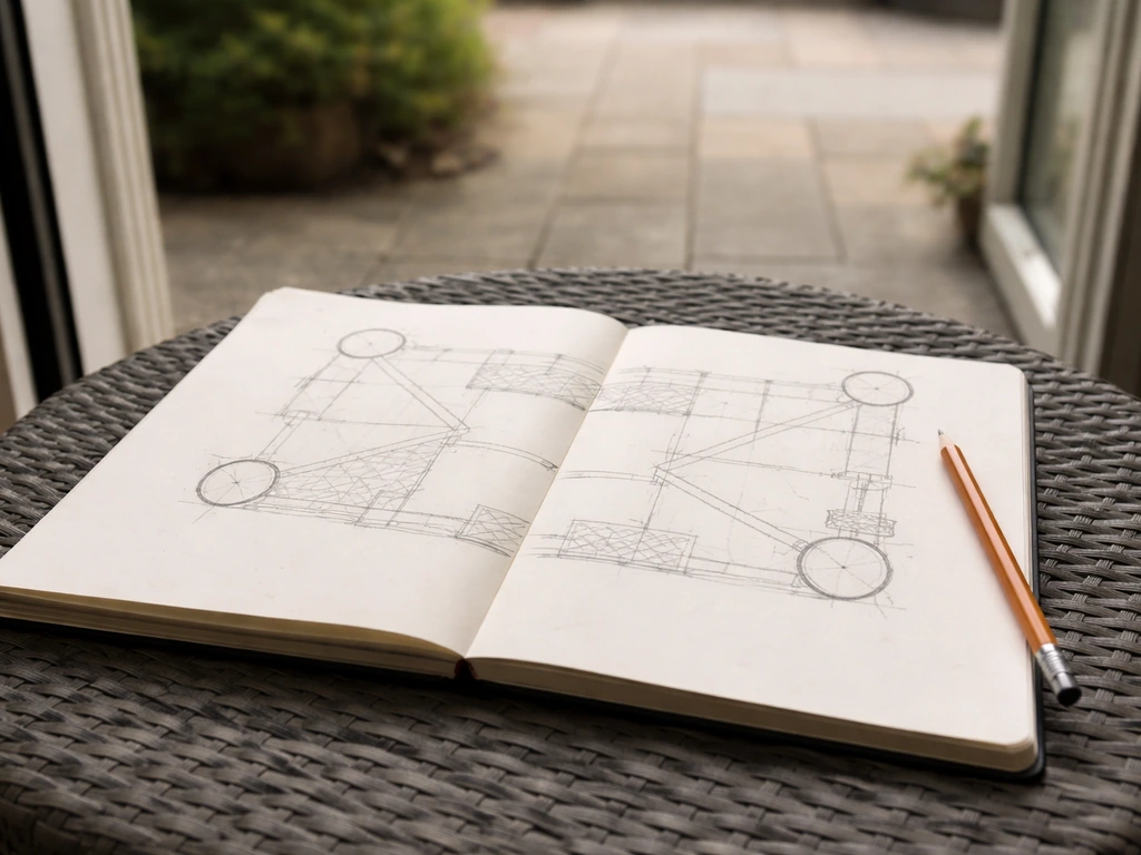 Outdoor patio plan sketch on paper with highlighted door/gate spots and clear drawn pedestrian paths.