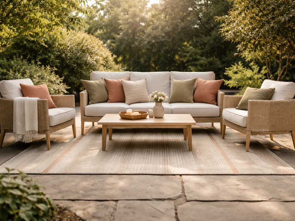 Outdoor patio rug with coordinating textured cushions and pillows defining a cozy seating zone.