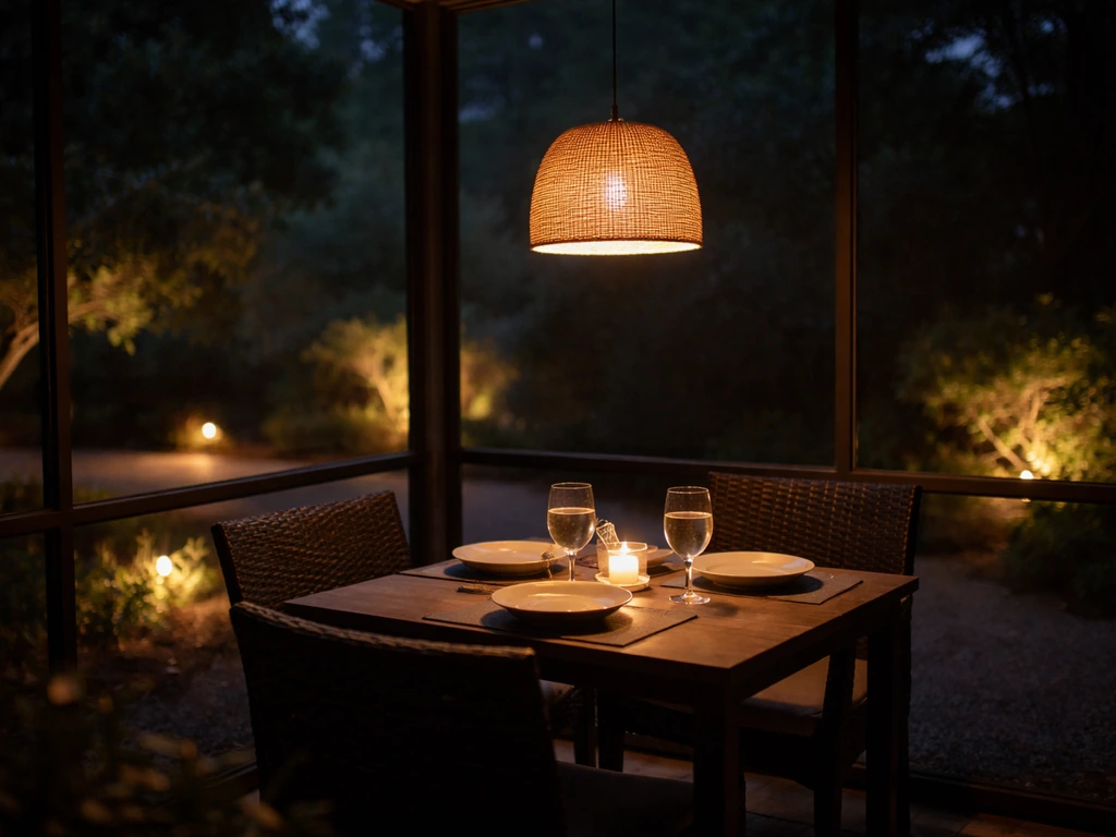 Evening patio dining area with a glowing pendant light and warm accent lighting along the perimeter.