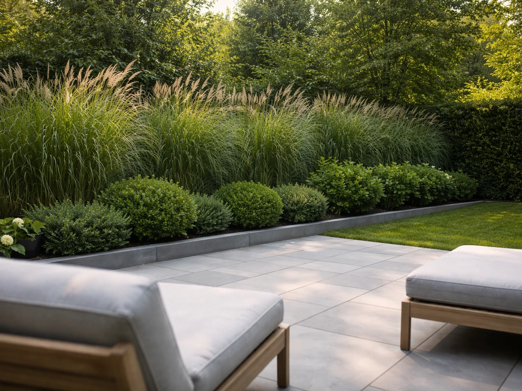 Minimal rectangular patio with dense planters and tall greenery forming a privacy screen along one long side.