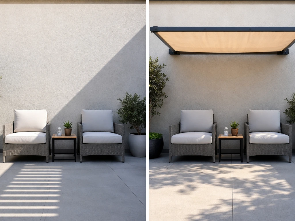 Sunny patio split view: harsh sun on one side, new canopy shade on the other over outdoor seating.